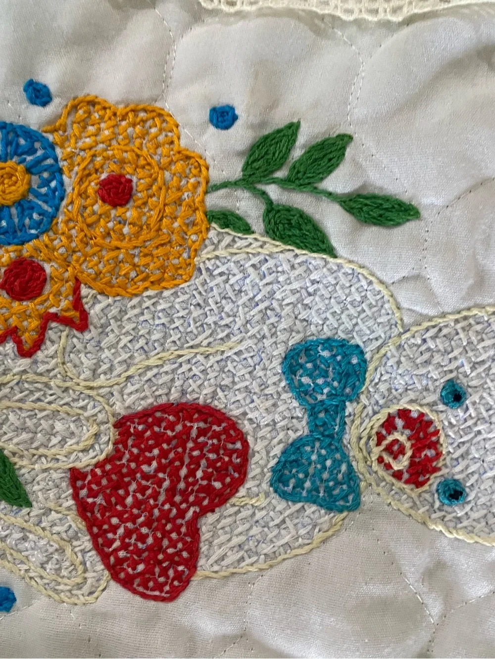 Vintage Sweet Baby Hand Embroidered Lace Trim Nursery White Quilt Blanket 40x30